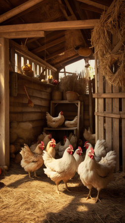 Chicken coop with chickens and roosters in the backyard of a country house, poultry breeding in the villageの素材