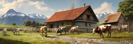 Barn with dairy cows in the backyard of a country house, breeding domestic animals in the village, bannerの素材