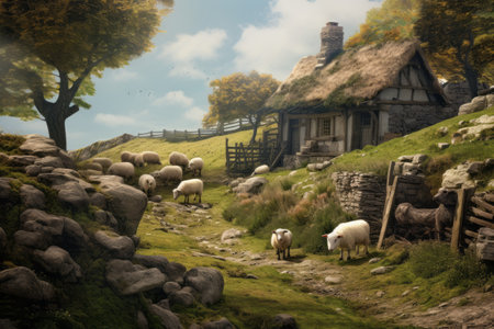 Sheep graze near the sheepfold, breeding domestic animals in the villageの素材