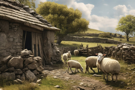 Sheep graze near the sheepfold, breeding domestic animals in the villageの素材
