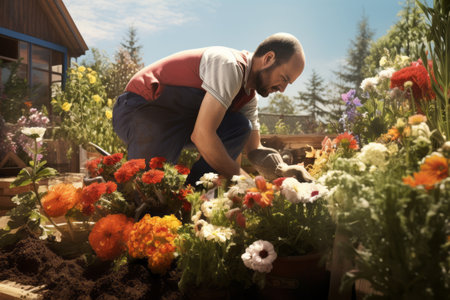 Gardener planting flowers in his backyardの素材