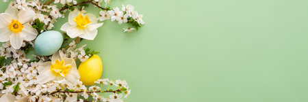 Festive banner with spring flowers and Easter eggs, white daffodils and cherry blossom branches on a...