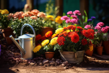 Flowers in pots and a watering can on the patioの素材