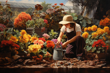 Gardener planting flowers in his backyardの素材