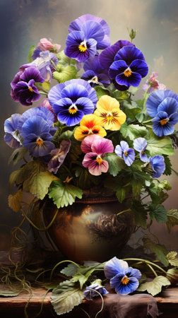 Flowers Pansies in a pot on the tableの素材