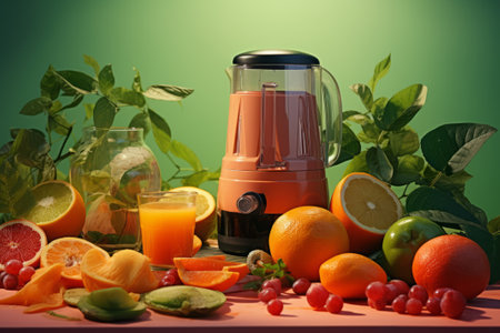 Mixer blender with fresh fruit on the tableの素材