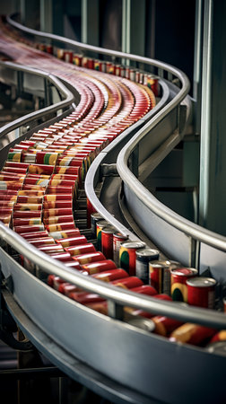 Cans move on a conveyor belt for labelingの素材