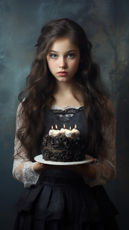 Girl holding a sweet cake in front of herの素材