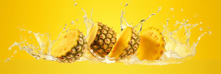 Pineapple slices and pineapple in splashes of waterの素材