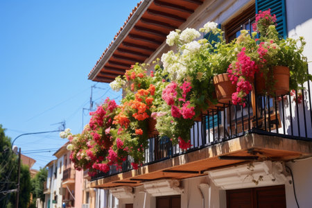 Colorful different flowers in pots on balconyの素材