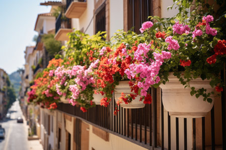 Colorful different flowers in pots on balconyの素材