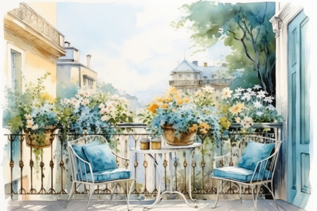 Watercolor illustration of colorful potted flowersの素材
