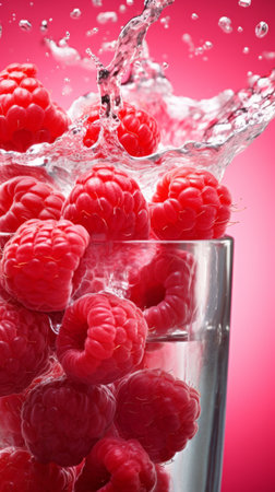 Raspberries in a splash of waterの素材