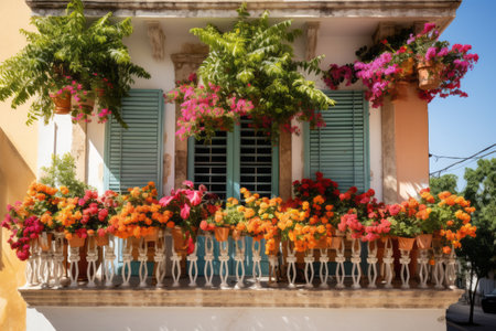 Colorful different flowers in pots on balconyの素材