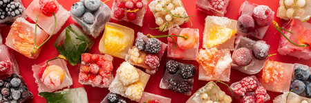 Ice cubes with frozen berries and fruits and mint on a red background, bannerの写真素材