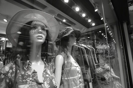 Black and white photo of glass storefronts with manikinsの素材