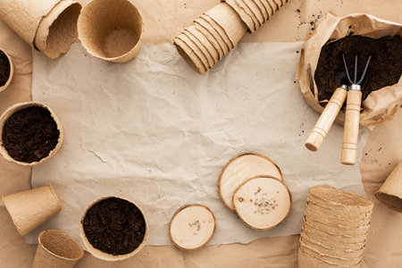 Planting tomato seeds for seedlings, eco-friendly pots and seeds, ground and gardening tools on craft paper, preparation with spring gardeningの写真素材