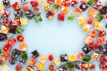 Frame of ice cubes with frozen berries and fruits and mint on blue backgroundの写真素材