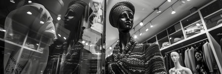 Black and white photo of glass storefronts with manikinsの素材