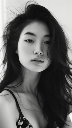 Black and white photo of beautiful Asian girlの素材