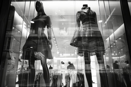 Black and white photo of glass storefronts with manikinsの素材