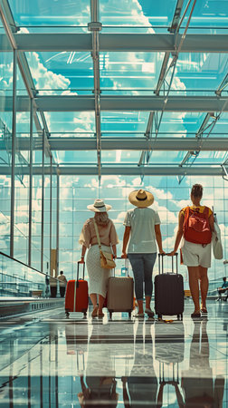 Tourists passengers with suitcases at airportの素材