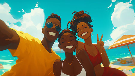 Illustration of happy young friends taking selfieの素材