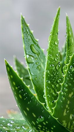 Closeup of a green aloe vera plant with water drops on the leavesの素材