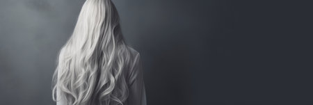 Rear view of a girl with flowing long gray hairの素材