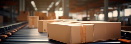 Cardboard boxes parcels on a conveyor belt lineの素材