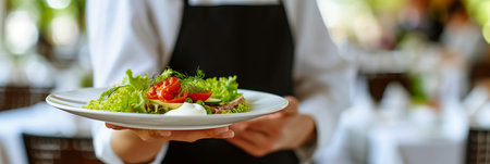 The waiter holds a tray with a plate in his handの素材