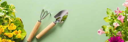 Spring decoration of a home balcony or terrace with flowers banner, Osteospermum and Calceolaria, Mimulus and Petunia on a green background, home gardening and hobbies, biophilic designの写真素材
