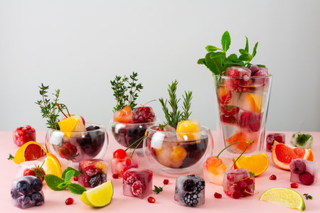 Cool refreshing drinks with ice cubes with berries and fruits and mint, summer cold drinkの写真素材