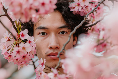 Asian man among blossoming sakura treesの素材