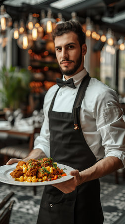 The waiter holds a tray with a plate in his handの素材