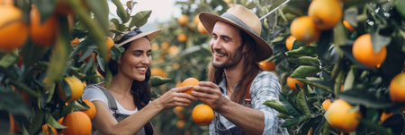 Young couple of gardeners among trees with ripe tangerinesの素材