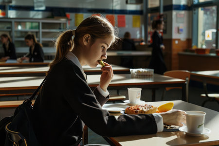 Young girl schoolgirl having lunchの素材