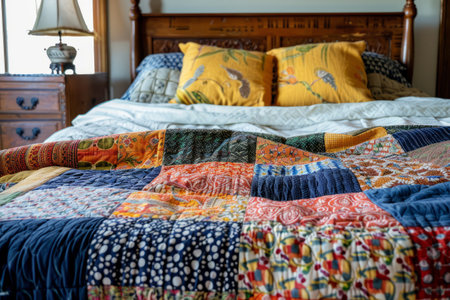 Bedroom with bed with patchwork quiltの素材