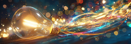 Glowing light bulb with different colors splashed on a blurred bright multi-colored backgroundの素材