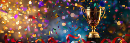 Shiny sparkling champion gold cup on a bright background with sparkles and confetti and festive satin ribbonsの素材