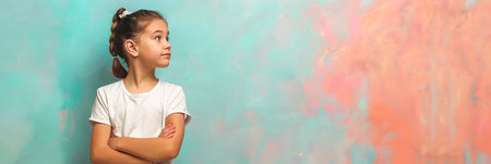 European child girl 4-6 years old in a white T-shirt without a patternの素材