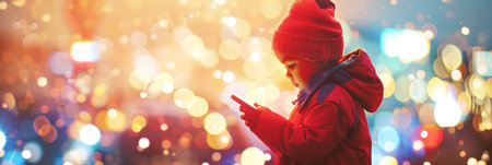 A child 8-12 years old uses a smartphone on the streetの素材