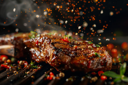 Beef ribs, delicious juicy beef ribs with spices and sauce close-upの素材