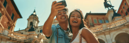 Happy couple taking selfie against the background of a cultural tourist siteの素材