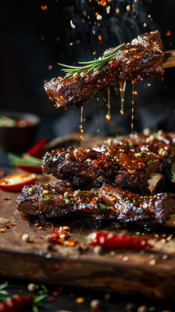 Beef short ribs, delicious juicy beef ribs with spices and sauce close-upの素材