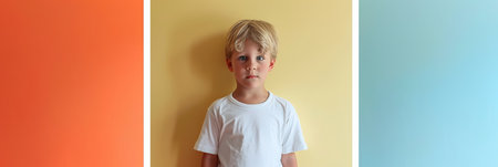 European child boy 4-6 years old in a white T-shirt without a patternの素材