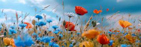 Summer wild field with wildflowers daisies and cornflowers and poppiesの素材