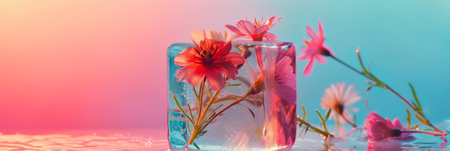 Fresh different flowers in an ice cube on a pink backgroundの素材