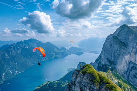 Happy paragliders flying on a paragliderの素材