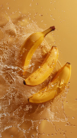 Fresh ripe yellow bananas in splashes of waterの素材